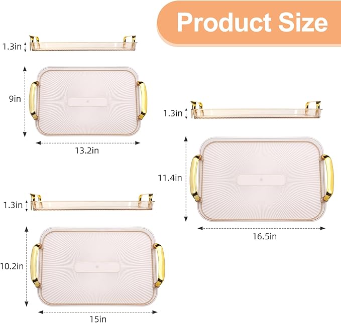 Set of 3 Serving Platters with Handles 16.5/15/13.2 Inch Reusable Large Serving Trays, Party Food Tray, Rectangular Dinner Plates for Cookie, Cake, Turkey, Cheese, Fruit, Snack(Amber)