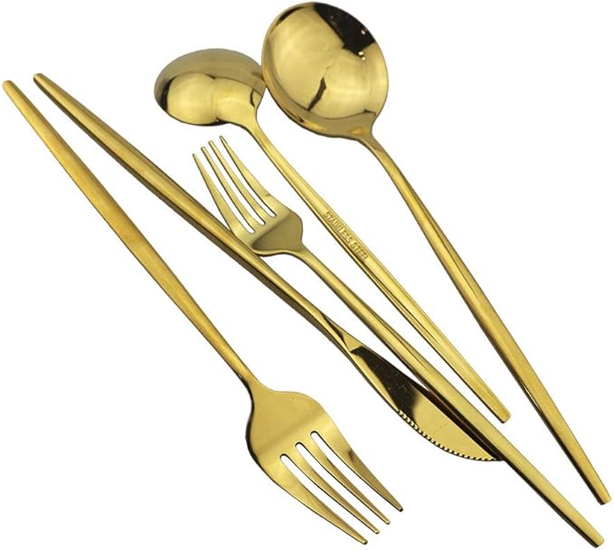 Shiny Gold Silverware Set, JASHII 20-Piece Stainless Steel Satin Finish Flatware Set, Kitchen Utensil Set, Mirror Polished Tableware Cutlery Set for Home and Restaurant, Dishwasher Safe