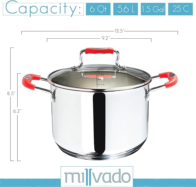 Stainless Steel Stock Pot, 6 Quart with Clear Glass Lid, Steam Hole, Permanent Markings - Gas, Electric & Induction Compatible