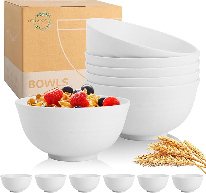 Wheat Straw Bowls 26 OZ, Plastic Bowls Reusable, Unbreakable Cereal Bowls Set of 6, Small Soup Bowl Salad Bowl for Kitchen, Microwave & Dishwasher Safe, White