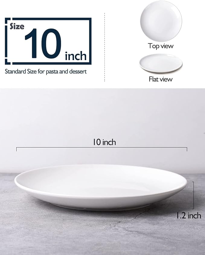 DELLING 10 inch White Dinner Plates Set, Porcelain Dessert/Salad Plate, Serving Dishes, Dinnerware Sets, Scratch Resistant, Microwave, Oven, and Dishwasher Safe - Set of 4