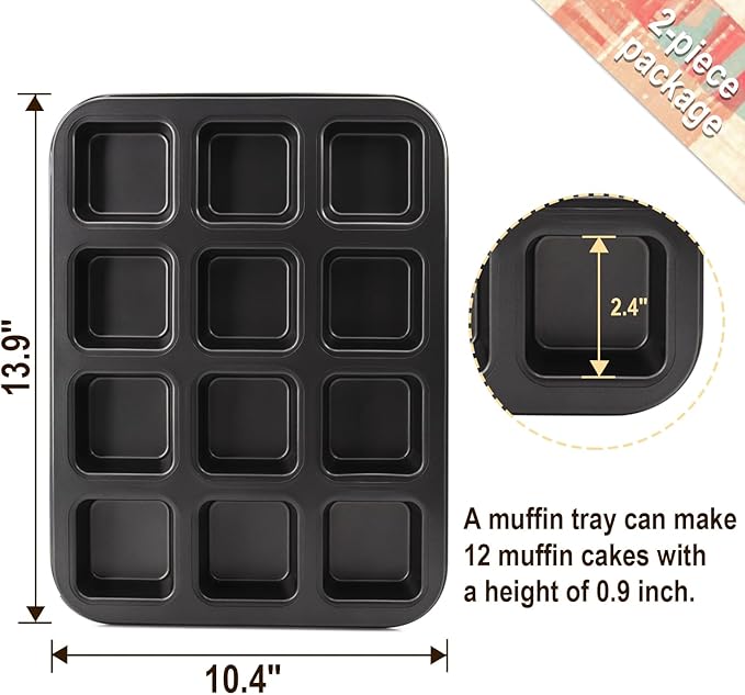 2 Packs Square Muffin Baking Pan, Premium Steel Muffin Pan for Baking, Nonstick Cupcake Tin Cheesecake Pans, Bakeware Muffin Top Pan (12 Cups, Black Grey)