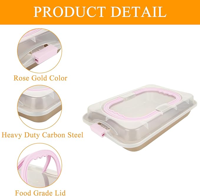 Non-Stick Cake Pan with Lid 9x13 Inch Gold Baking Cake Pan with Plastic Lid, High Sided Sheet Bakeware for Cakes, Brownies, Casseroles