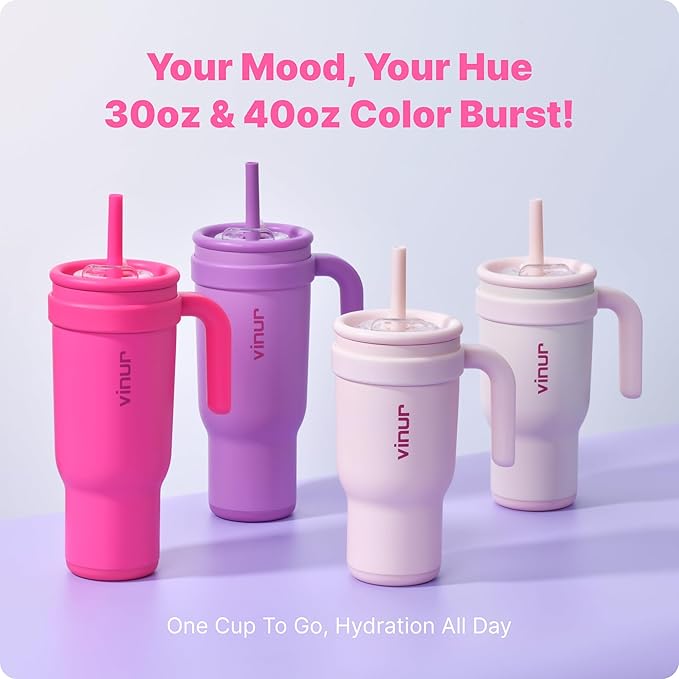 VINUR 30 oz Tumbler with Handle and Straw-Insulated Coffee Travel Mug with Leak Proof Lid | Reusable Stainless Steel | Rubber Base | Cup Holder Friendly | Gifts for Women, Rose Red