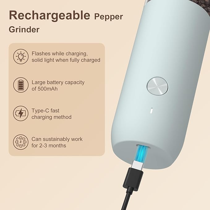 Ultrean Pepper Grinder, Rechargeable Salt and Pepper Grinder with 6 Adjustable Coarseness, LED Light, One-Hand Automatic Operation, Blue