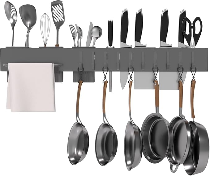 NET MEYA Stainless Steel Pot and Pan Hanger,Wall Mounted Pot Rack Kitchen Hanging Rail With S Hooks,Detachable Pans Hanging Rail Kitchen Lids Utensils Hanger,23.7 Inch Wall Mounted Hanging Pot Rack