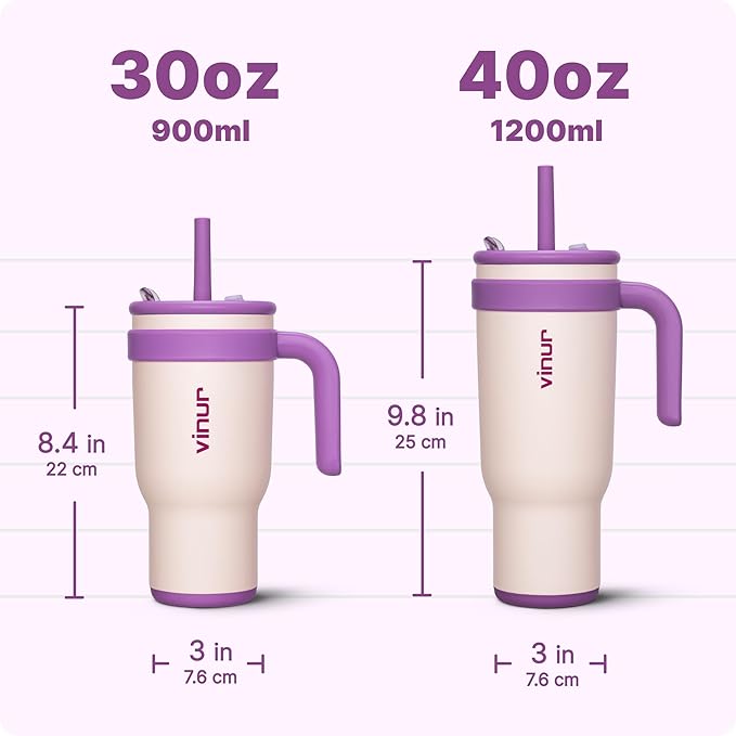 VINUR 40 oz Tumbler with Handle-Stainless Steel Vacuum Insulated Tumbler Cup for Travel, Reusable Coffee Mug with Lid and Straw (Pink)