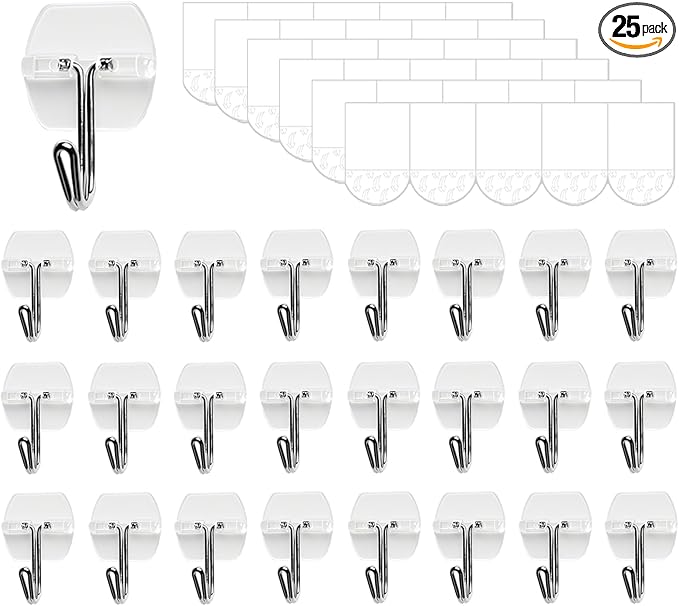 25 Small Hooks +30 Removable Strips, Clear Wire Hanger Hooks, Damage-Free Utility Hooks, Heavy Duty with Adhesive Strips, No Tools Wall Hook for Hanging, Value Pack