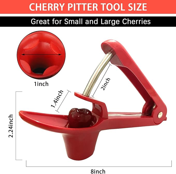 Cherry Pitter, Stainless Steel Olive and Cherries Pitters Corer Tool with Space-Saving Lock Design, Multi-Function Fruit Pit Remover for Cherry Jam (Red)