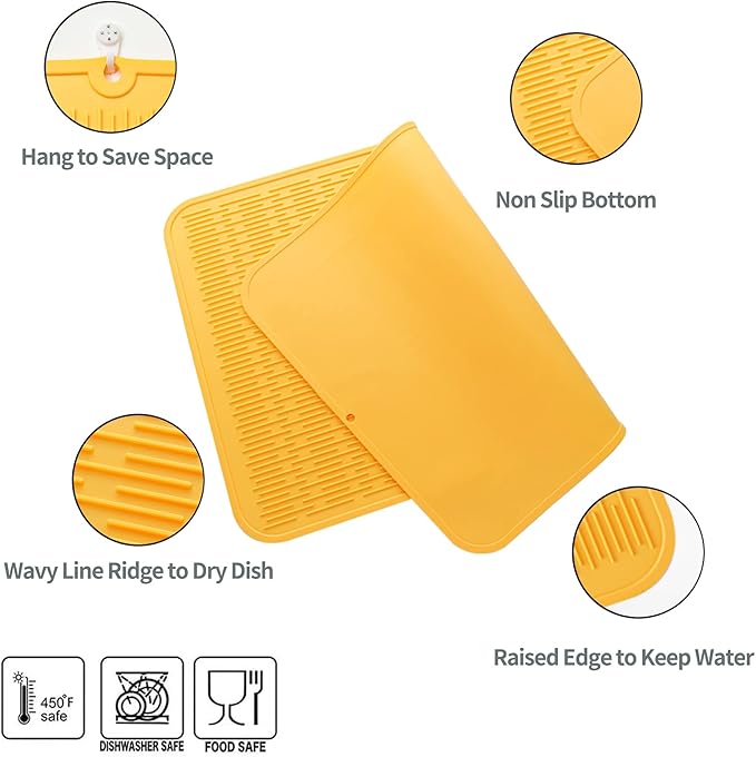Silicone Dish Drying Mat for Multiple Usage,Easy clean,Eco-friendly,Heat-resistant Silicone Mat for Kitchen Counter or Sink,Refrigerator or Drawer Liner Yellow 3XL 28 inches x 18 inches