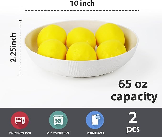 Salad Bowls 10inch Serving Bowls 65oz Large Salad Bowls Wheat Straw Bowls Set of 2 Wide and Shallow Plastic Salad Bowl for Kitchen Microwave & Dishwasher Safe.White