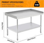 60x24x30 Inch Stainless Steel Equipment Grill Stand Table 400 Lbs Capacity NSF Certified with Adjustable Legs, 2" Edge Baffle, for Hotel, Home, Commercial Restaurant Kitchen