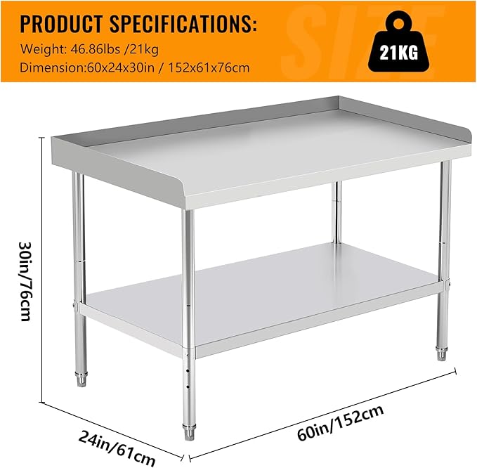 60x24x30 Inch Stainless Steel Equipment Grill Stand Table 400 Lbs Capacity NSF Certified with Adjustable Legs, 2" Edge Baffle, for Hotel, Home, Commercial Restaurant Kitchen