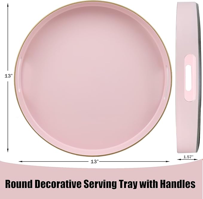 Pink Round Decorative Tray with Handles, 13" Versatile Serving Tray for Coffee Table, Ottoman, Ideal for Serving, Displaying, Organizing