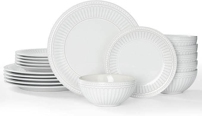 Famiware Garden Plates and Bowls Sets, 18-Piece Dishes Set for 6, Scratch Resistant Kitchen Dishes Dinnerware Set - Microwave and Dishwasher Safe, Reactive Glaze and Embossed Stoneware, White