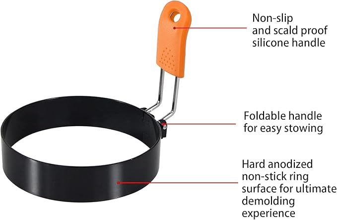 3.5" Egg Rings 6“ Pancake Mold with Silicone Handle, Round Mold for English Muffins - Griddle Cooking Shaper for Indoor Camping Breakfast Sandwiches w/Silicone Oil Brush set of 6 (4pcs 3.5"+2pcs 6")