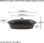 10" x 7" Ceramic Rectangular Casserole Dish with Glass Lid, 1.3 Quart Serving Soup Tureen,Chafing Dish for Buffet, Family Food preserve Tray, Catering for Party Style, Black