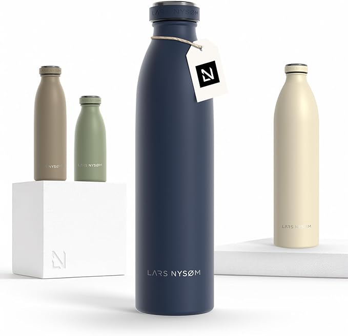 LARS NYSØM Stainless Steel Insulated Water Bottle 12 oz 17 oz 25 oz 34 oz 51 oz | Insulated Thermo Flask for Hot and Cold Beverages | Leakproof Drinking Bottle (Midnight Blue, 25.4 oz)