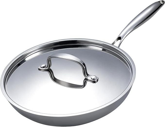 12" Stainless Steel Frying pan W/Lid, 3-Ply Stainless Steel Pan, Induction, Oven Broiler Safe 600F Skillet, Professional Cookware, Polished Sliver