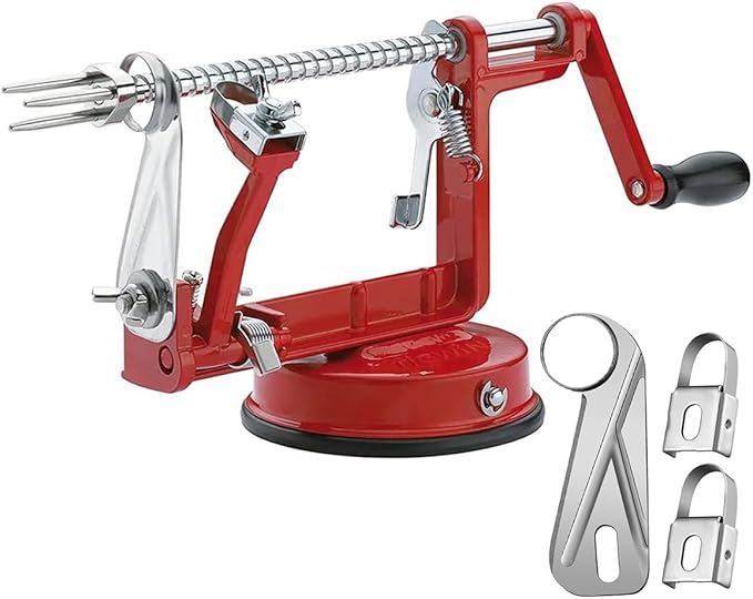 Apple Peeler Corer, Long lasting Chrome Cast Magnesium Alloy Apple Peeler Slicer Corer with Stainless Steel Blades and Powerful Suction Base for Apples and Potato(Red)