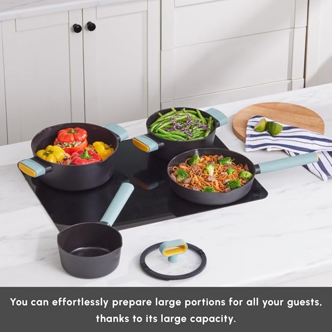 KARACA Fancy Ceramic Cookware Sets Black, Kitchen Pots & Pans Set Non Stick with Lid, Swiss Crystal Surface, Induction Cooking Utensils, 7-Piece, Dishwasher Safe