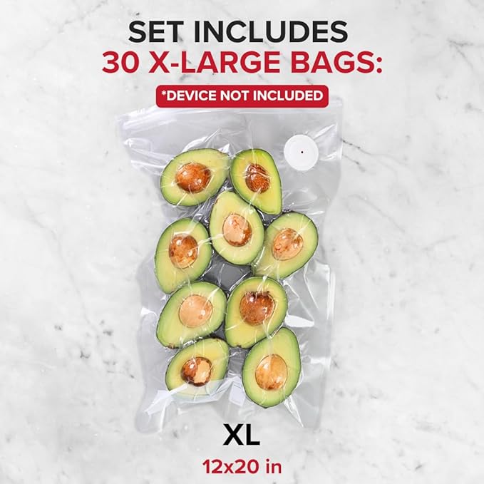 Chef Preserve Reusable Vacuum Sealer Bags for Food – 30 BPA-Free XL Large (12 x 20 in) Food Storage Bags, Freezer, Microwave – Odor-Resistant, Leak-Proof – Compatible with Chef Preserve Vacuum Sealers
