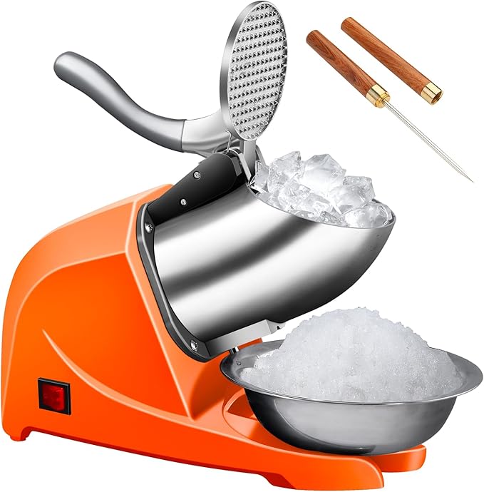 Ice Shaver, Electric Shaved Ice Machine 4-blades Ice Shaver Machine,200lbs/hr ice crusher with Ice Pick for Home and Commercial Use（Orange）