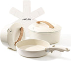 Ceramic Pots and Pans Set with Detachable Handle, Non-toxic Nonstick 8pcs Cookware Set with Die-cast Lids, Dishwasher & Oven Safe, PTFE PFOA PFAS Free, Perfect for College Dorm, Cream White