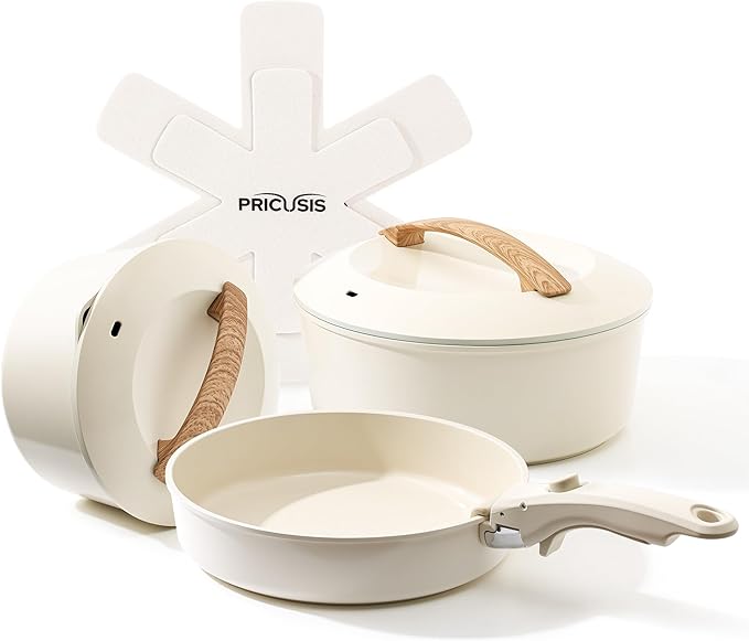 Ceramic Pots and Pans Set with Detachable Handle, Non-toxic Nonstick 8pcs Cookware Set with Die-cast Lids, Dishwasher & Oven Safe, PTFE PFOA PFAS Free, Perfect for College Dorm, Cream White
