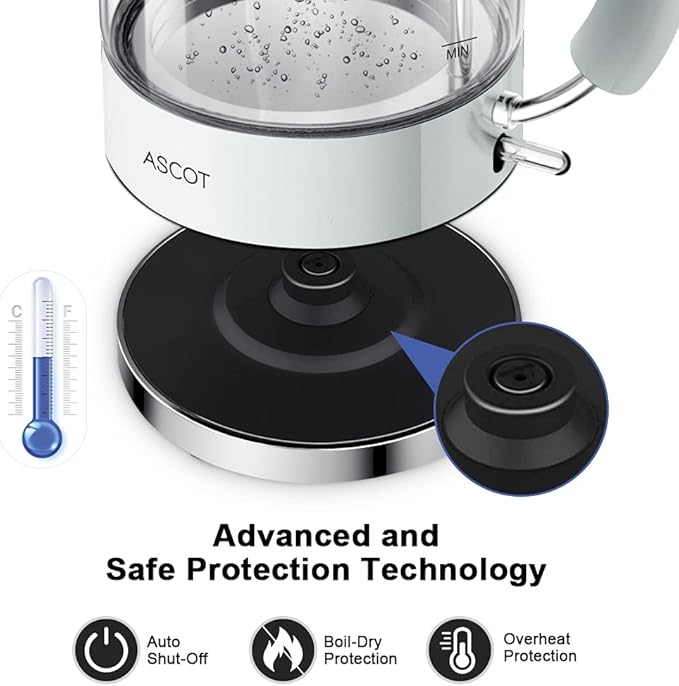 ASCOT Electric Kettle, Glass Electric Tea Kettle Gifts for Men/Women/Family 1.5L 1500W Borosilicate Glass Tea Heater, with Auto Shut-Off and Boil-Dry Protection (Polar White)