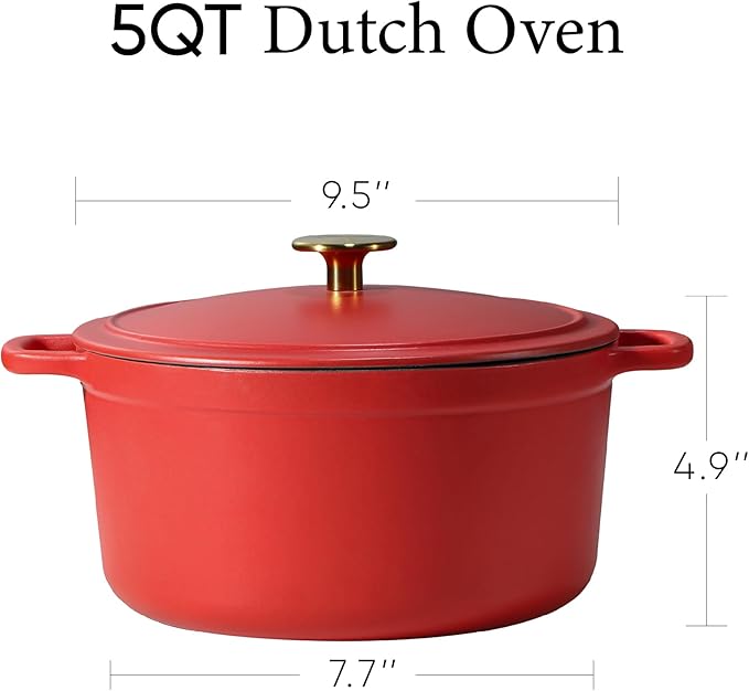 CAROTE 5QT Enameled Cast Iron Dutch Oven Pot with Lid, Heavy-Duty Dutch Oven for Sourdough Bread Baking, Braising, Stews, Roasting, Healthy & Non-Toxic, Dual Handles, All Stovetop Compatible, Oven Safe up to 500° F, Red