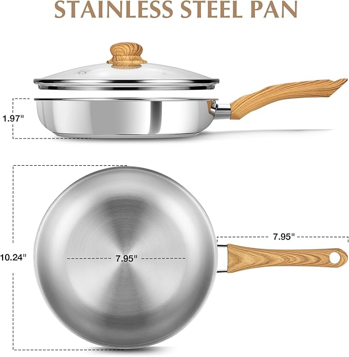 KOCH SYSTEME CS Stainless Steel Pan 10 Inch, Induction Tri-Ply Bottom Stainless Steel Frying Pan with Heat-resistant Bakelite Handle, 10 Inch Stainless Skillet with Lid for Cooking, Dishwasher Safe
