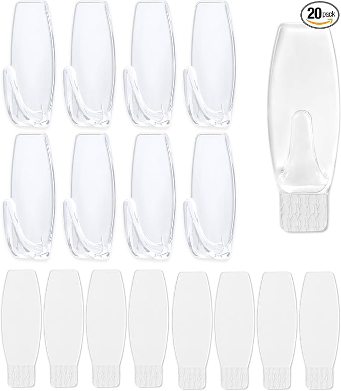 Large Utility Hooks,20-Hooks,24-Strips,Clear Wall Hook with Removable Strips Value Pack，Organize Damage Free,Removes Cleanly,Hanger Hook for Decorations