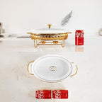 10" x 7" Ceramic Oval Casserole Dish with Glass Lid and Gold rack, 30 Ounce White Serving Soup Tureen,Chafing Dish for Buffet, Family Food preserve Tray, Catering Casserole for Party Style