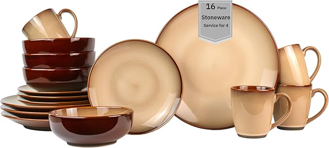 Sango Nova 16-Piece Casual Brown Stoneware Dinnerware Set – Service for 4, Includes Coffee Mugs & Plates, Earthy Brown Reactive Glaze, Microwave & Dishwasher Safe, for Everyday Dining & Entertainment
