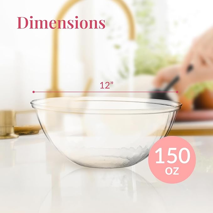 Prestee Clear Plastic Serving Bowls, 150 Oz 4 Pack - Round Large Disposable Bowls, Punch Bowl, Party, Chip Bowl Containers - Candy, Salads, Parties, and Serving Food - Large Salad Dish for Eating
