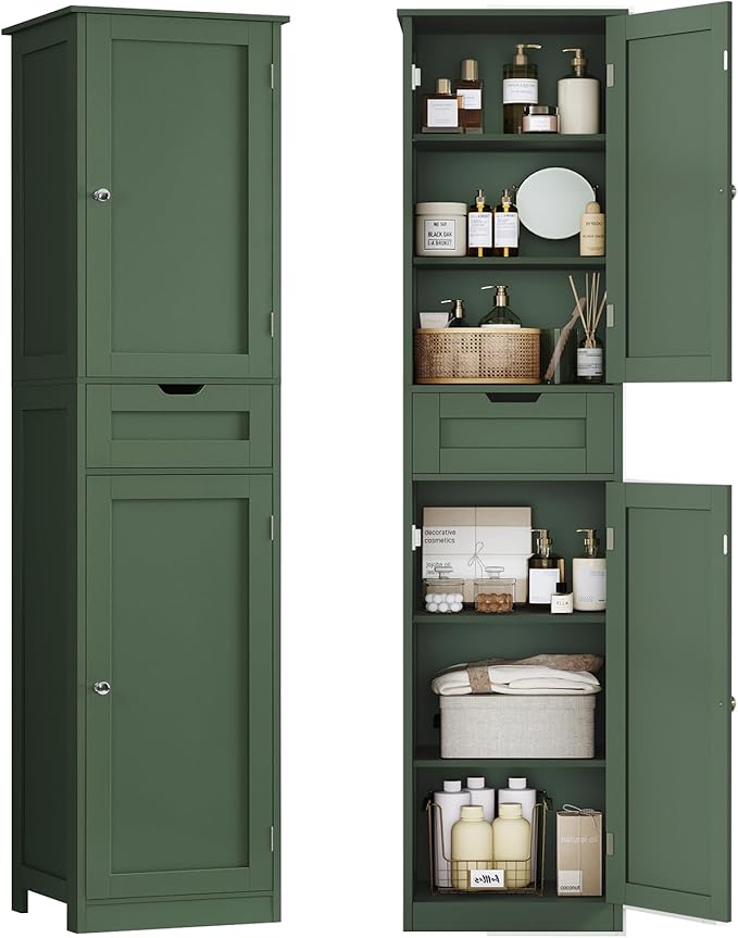 Tall Bathroom Cabinet with 2 Doors & 1 Drawer, Narrow Bathroom Storage Cabinet with Adjustable Shelves, for Living Room, Entryway, Kitchen, Forest Green