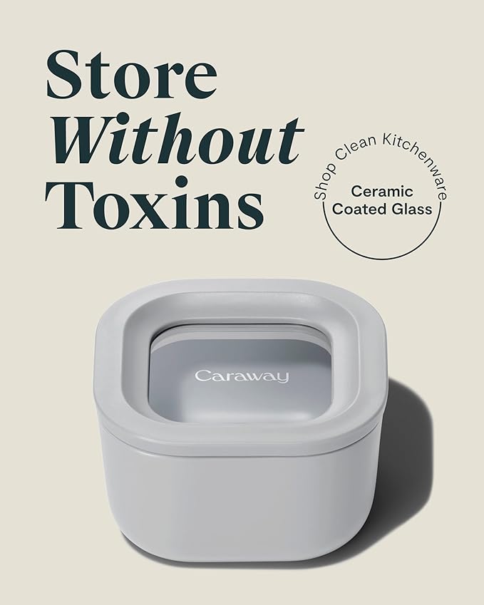 Caraway Mini Square Food Storage Container - 1.75 Cup Glass Storage Container for Food - Non-Toxic Ceramic-Coated Glass - Air Release Technology - Compact & Stackable Design - Gray