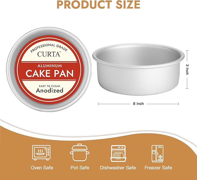 CURTA 8 Inch Round Cake Pan, 8x3 inch 2 Set Anodized Aluminum Round Baking Pan, Small Cake Pan Non-Toxic & Heavy Duty, Deep Side, Easy Clean & Dishwasher Safe