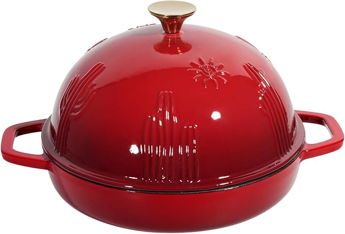 Cast Iron Bread Oven With Cloche Lid for Baking - Red Enameled Dutch Oven With Dome Lid for Sourdough - 5 qt