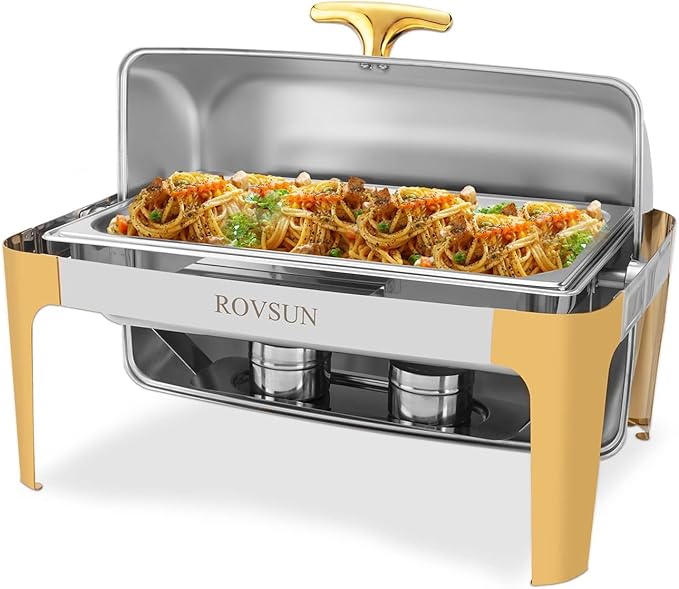 ROVSUN 9 Quart Stainless Steel Chafing Dish Buffet Set Gold Accent, Roll Top Rectangular Buffet Servers and Warmers Set Warming Tray, Chafer with Glass Window for Wedding, Parties, Catering