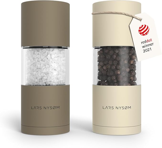 LARS NYSØM Salt and Pepper Grinder Set I Salt and Pepper Mills with Adjustable Ceramic Grinder 2 pieces I Manual Design Spice Mill Set (Brown/Beige)