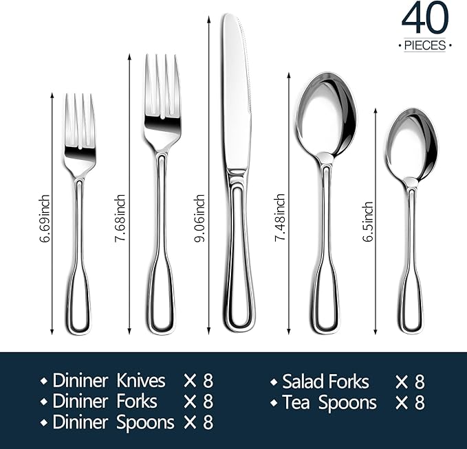 Silverware Set for 8, Stainless Steel Cutlery Set with Wide Handles, Mirror Polished Utensils Spoons and Forks Set, Dishwasher Safe (Silver, 40 Pieces for 8)