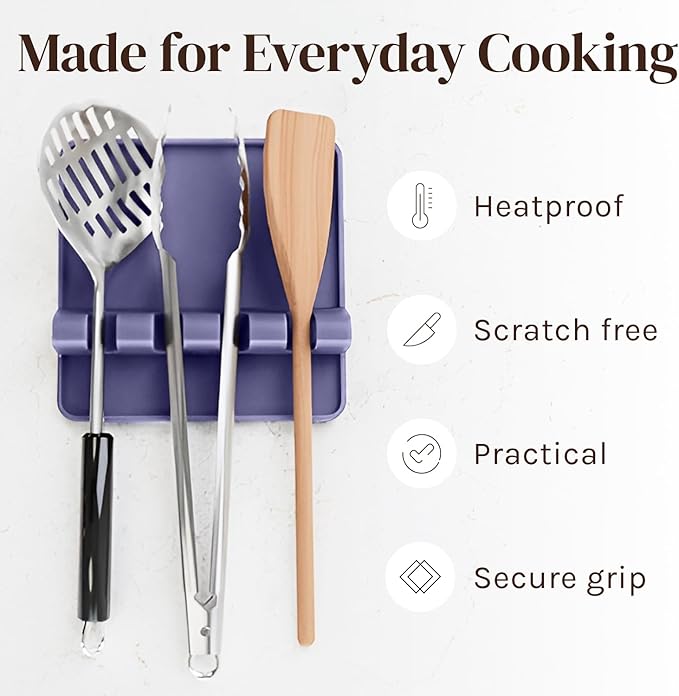 Silicone Spoon Rest for Stove Top with Drip Pad (Two Pack) - Heat Resistant BPA Free Utensil Rest & Spoon Holder for Kitchen Counter - Grill Utensil Holder - Spatula Holder, Tongs, Ladle - Purple