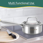 DELARLO Tri-Ply Stainless Steel Induction Saucepan, 1.5 QT with Lid, All Stove Compatible 600, Small Pots for Cooking, Heavy Duty Saucier, Dishwasher Safe