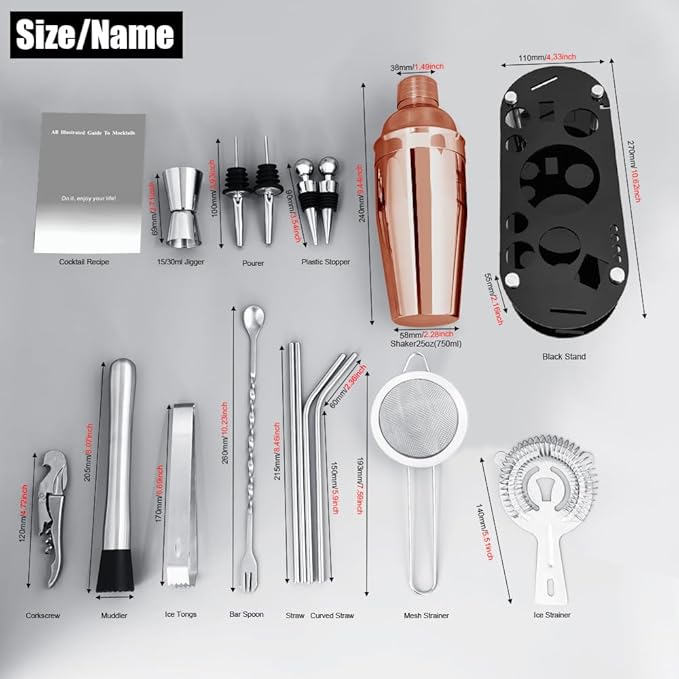 Cocktail Shaker Set Bartender Kit with Stand - 16 Piece Bar Tool Set Drink Mixer Set Includes : Shakers, Jigger, Strainer, Mixer Spoon, Muddler, Liquor Pourers, Straw (Rose Gold)