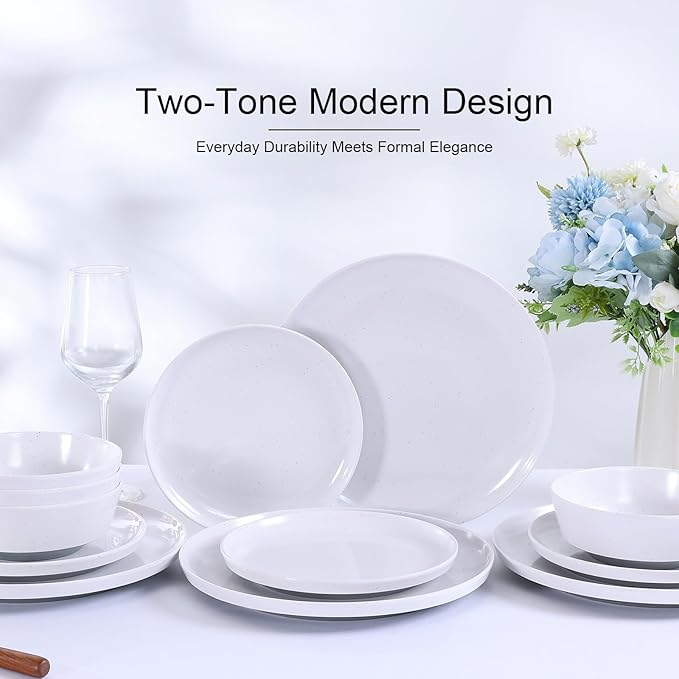 Webbylee 12-Pieces Melamine Dinnerware Set - Unbreakable Plates & Bowls Set for 4, Lightweight Kitchen Dishes Idear for Camping, Picnic, Party,White & Grey