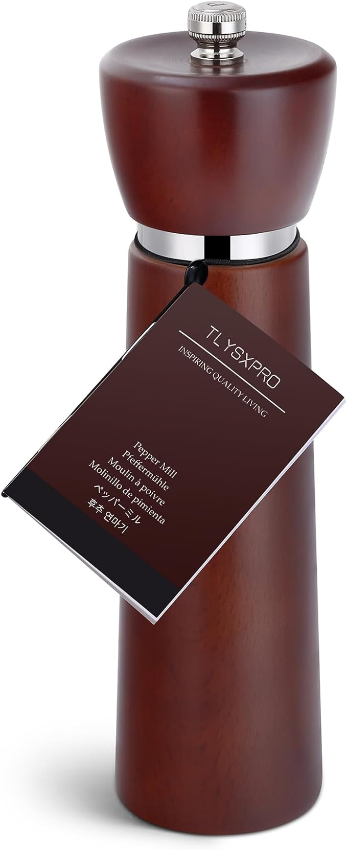 Wooden Pepper Grinder – Refillable Pepper Mill with Adjustable Upgraded Large Size Ceramic Burr – Manual Salt Grinder with Beech Wood Body – 8.3” Tall (Chestnut)