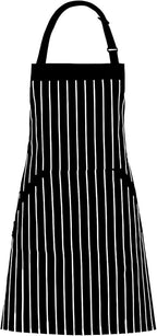 HOMWE Adjustable Bib Cotton Aprons - Adjustable Neck Strap with Extra Long Ties with 2 Pockets for Cooking, Commercial Grade Water Resistant Apron for Women & Men - Black/White Pinstripe 33x27 Inches