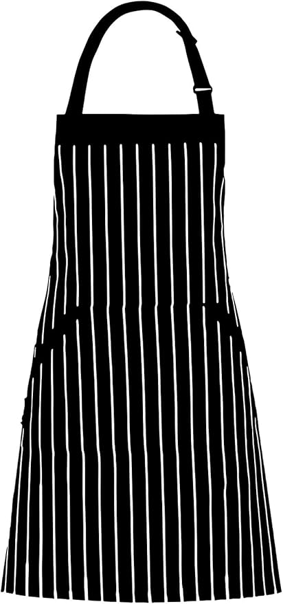 HOMWE Adjustable Bib Cotton Aprons - Adjustable Neck Strap with Extra Long Ties with 2 Pockets for Cooking, Commercial Grade Water Resistant Apron for Women & Men - Black/White Pinstripe 33x27 Inches